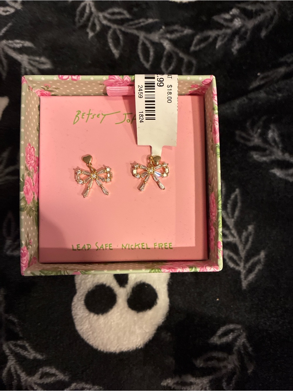 Betsey Johnson Gold Bow Crystal Stud Earrings with Pink Box